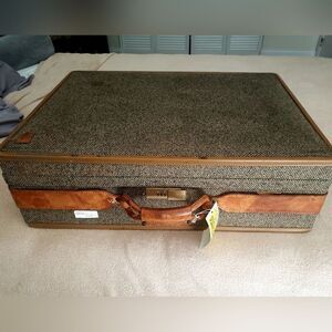 Vintage Tweed Suitcase with Leather Accents